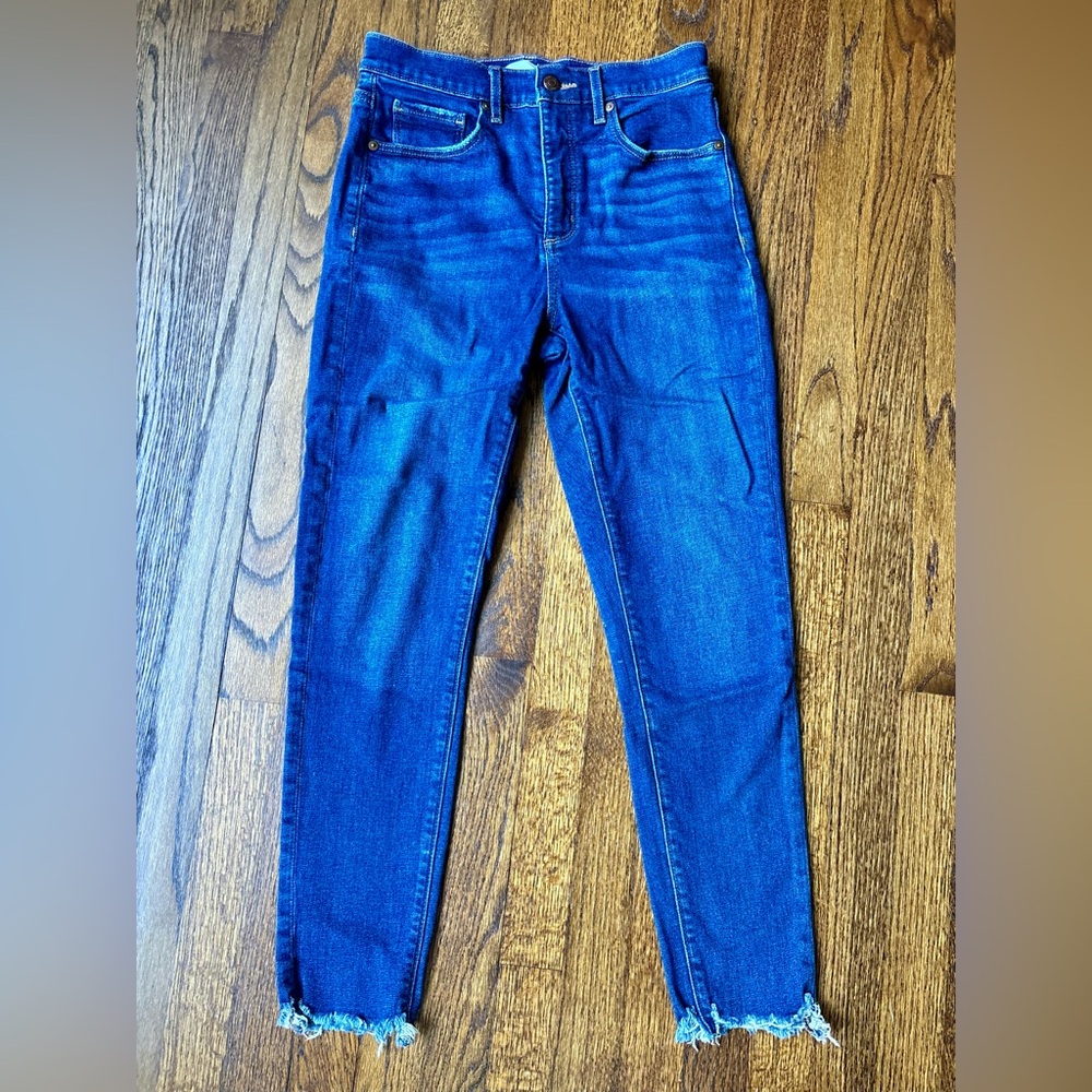 LOFT Size 27 Skinny Ankle High Rise Jeans Distressed Hem Dark Blue